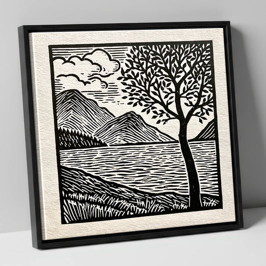 Graphic Crummock Water Fells lake district lake canvas wall art in black frame