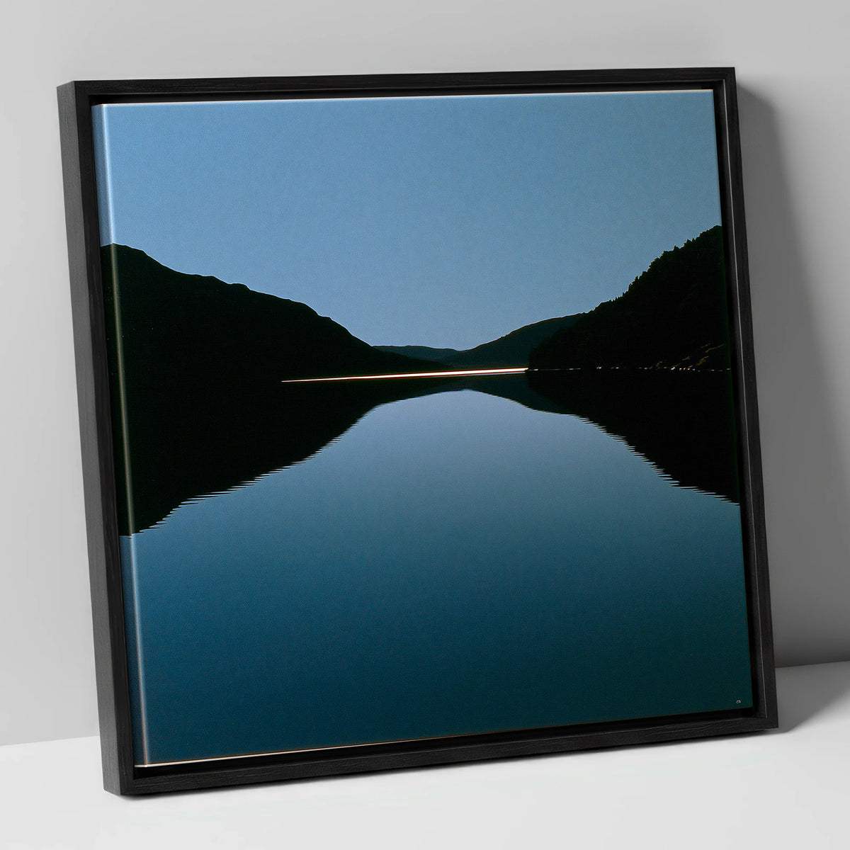 Midnight Blue Lake Reflection lake district lake canvas wall art in black frame