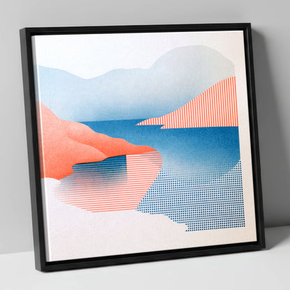 Buttermere Fells in Coral and Blue lake district lake canvas wall art in black frame