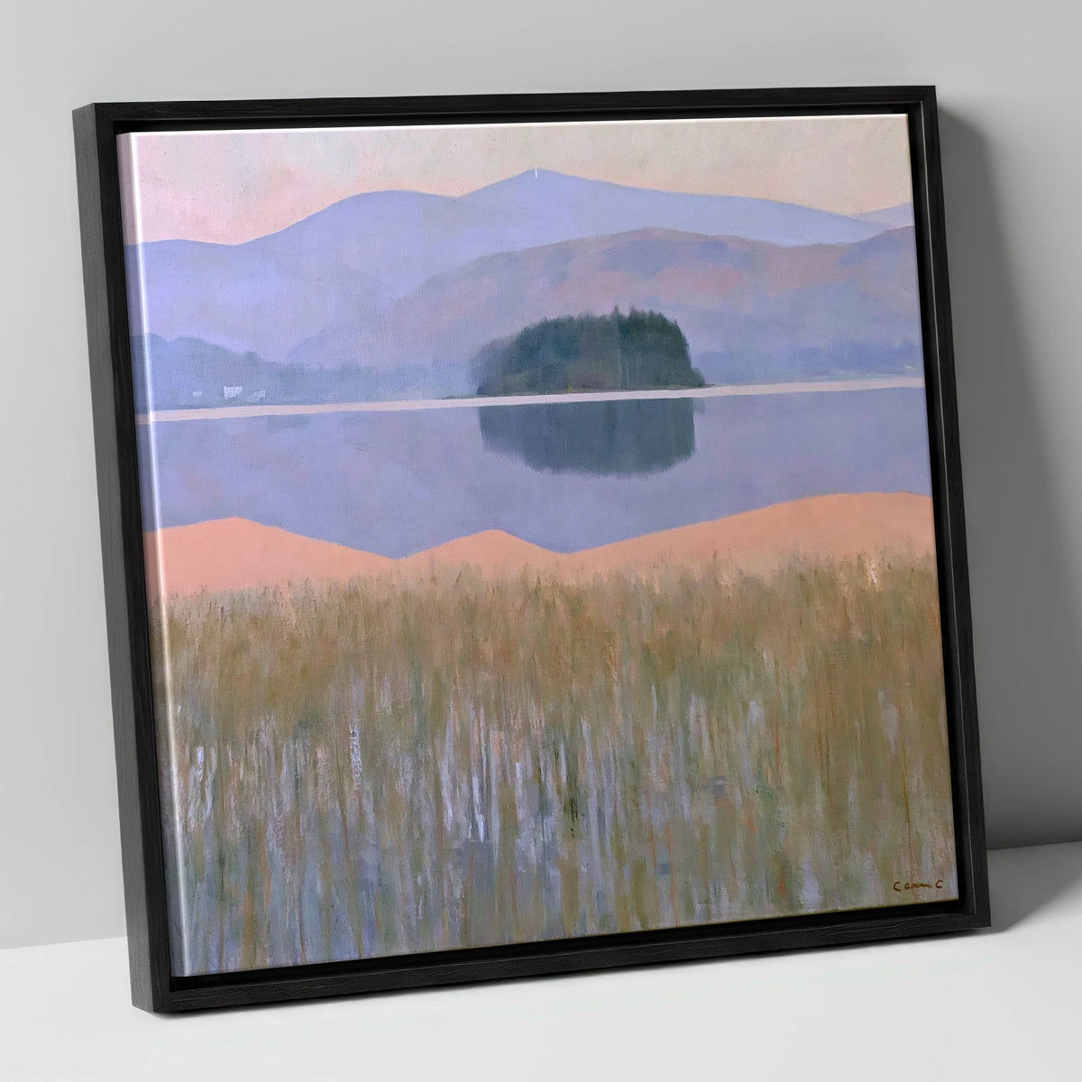 Grasmere Island and Pastel Fells lake district lake canvas wall art in black frame