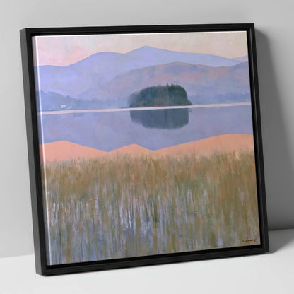 Grasmere Island and Pastel Fells lake district lake canvas wall art in black frame
