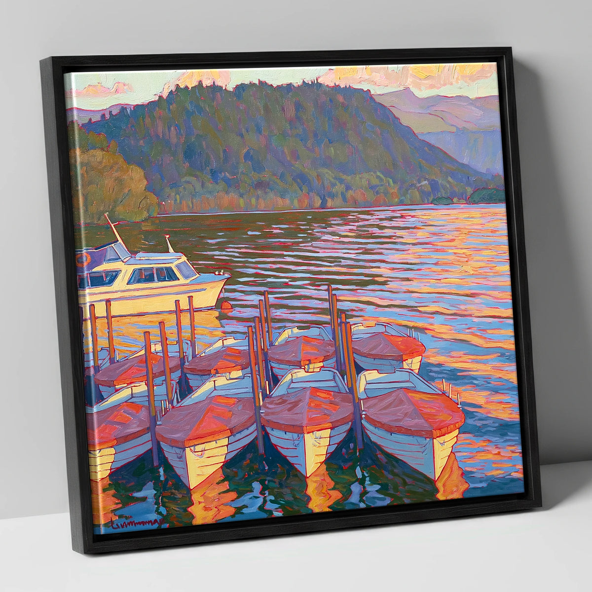 Red Covered Boats on Windermere lake district lake canvas wall art in black frame