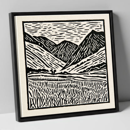 Black and White Borrowdale Fells lake district valley canvas wall art in black frame