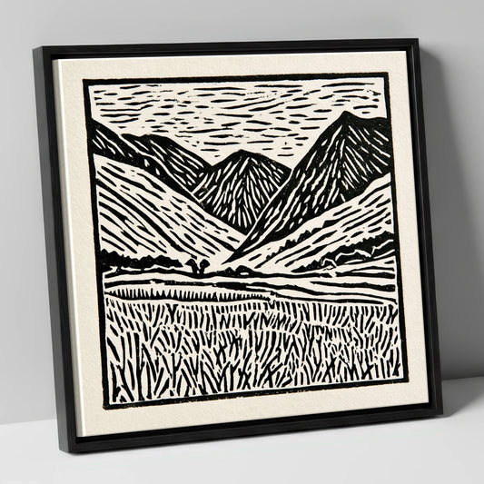 Black and White Borrowdale Fells lake district valley canvas wall art in black frame