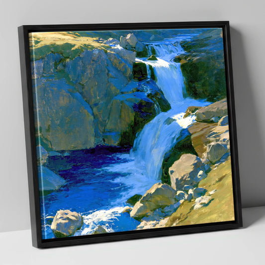 Cascading Waterfall over Sunlit Rocks lake district waterfall canvas wall art in black frame