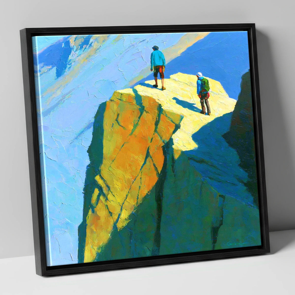 Mountaineers on Sunlit High Crags lake district walking canvas wall art in black frame