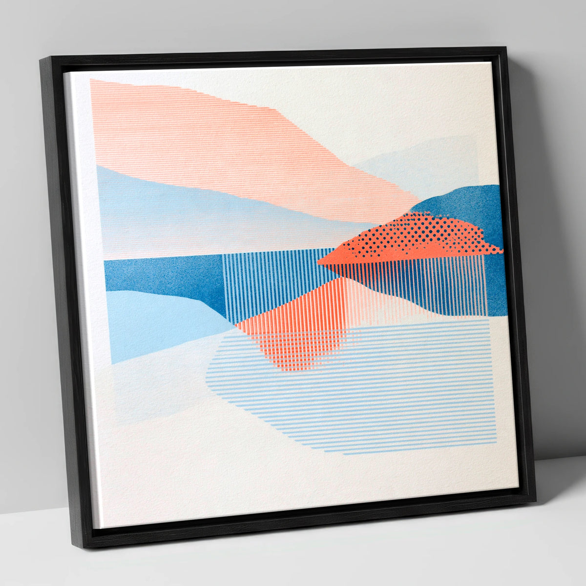 Coral and Blue Lake Reflections lake district lake canvas wall art in black frame