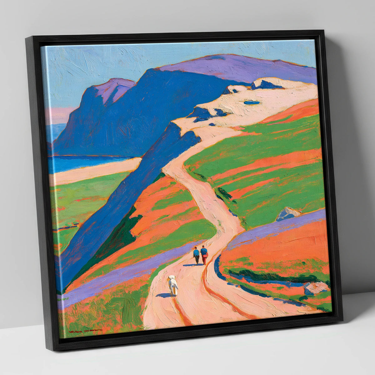 Vibrant Helvellyn Dog Walk gifts for dog walkers canvas wall art in black frame