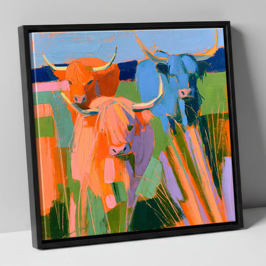 Vibrant Highland Cattle Trio lake district wildlife canvas wall art in black frame