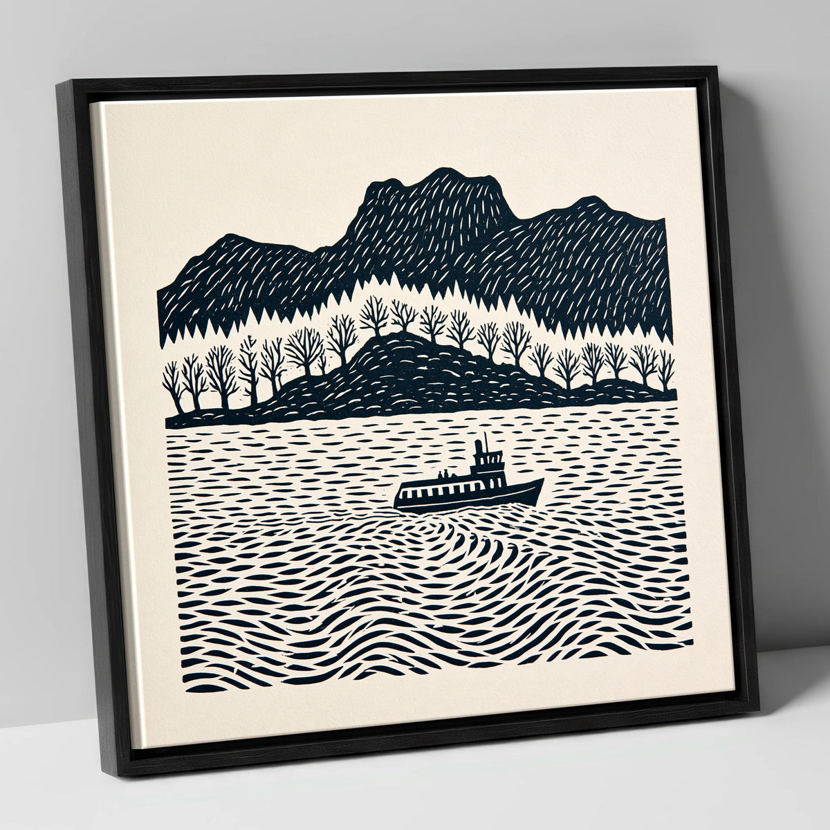Windermere Steamer on Rhythmic Waters lake district lake canvas wall art in black frame