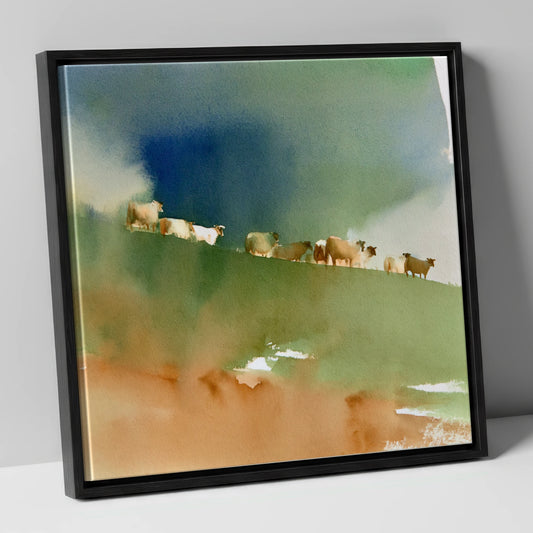 Herdwicks on a Steep Green Fell lake district wildlife canvas wall art in black frame
