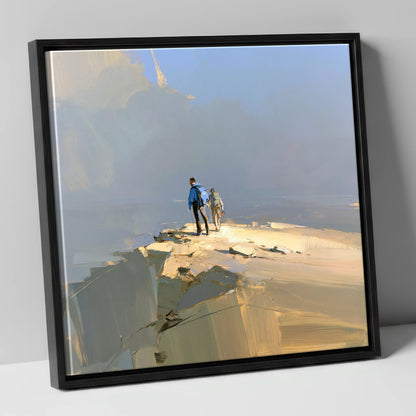 Hikers on Sunlit Fell Summit lake district fell canvas wall art in black frame