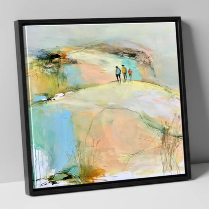 Hikers on the Pastel Fell lake district fell canvas wall art in black frame