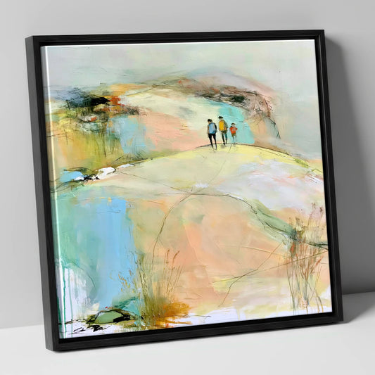 Hikers on the Pastel Fell lake district fell canvas wall art in black frame