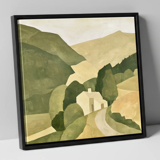 Cottage Among Deep Green Fells lake district valley canvas wall art in black frame