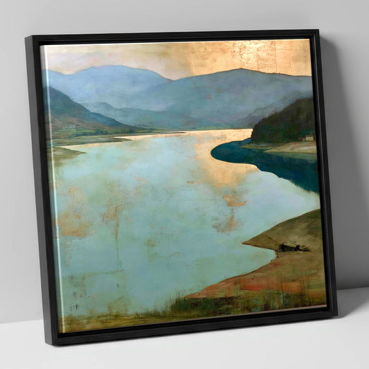 Teal Lake Under Golden Sky lake district lake canvas wall art in black frame