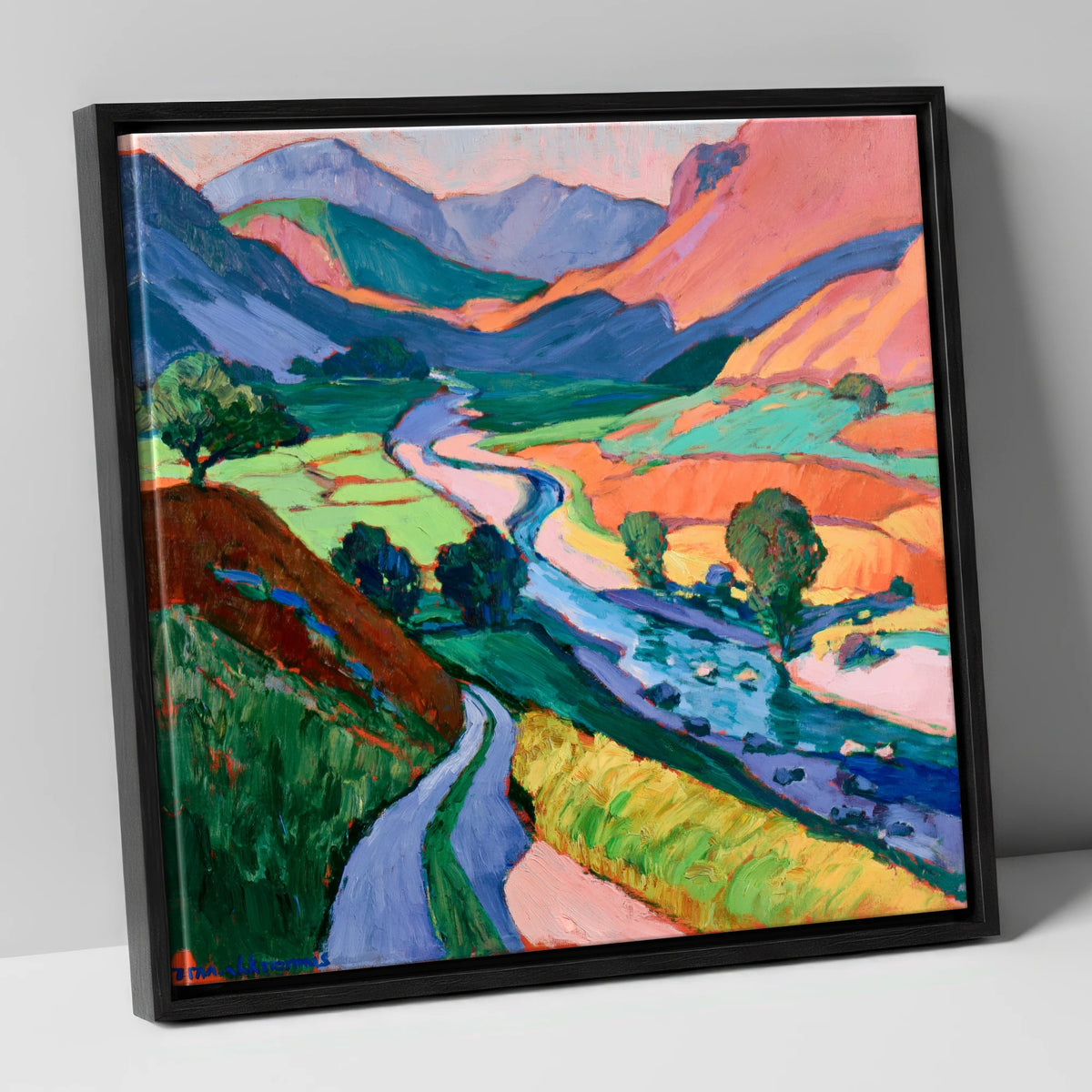 Meandering River Among Bold Fells lake district waterfall canvas wall art in black frame