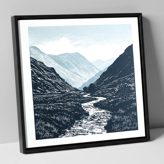 Kirkstone Pass in Deep Navy lake district valley canvas wall art in black frame