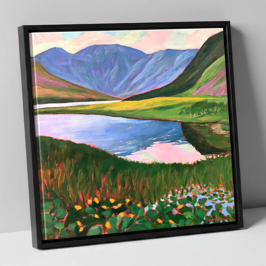 Vibrant Lake and Purple Fells lake district lake canvas wall art in black frame