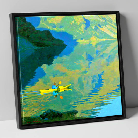 Yellow Kayak on Reflecting Fells lake district walking canvas wall art in black frame