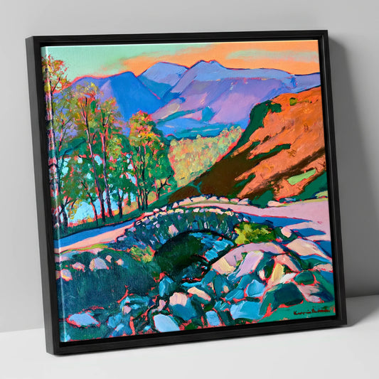 Ashness Bridge in Vivid Tones lake district waterfall canvas wall art in black frame