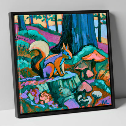 Red Squirrel in Vivid Woodland lake district wildlife canvas wall art in black frame