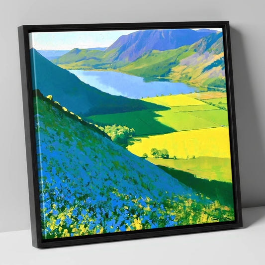 Vibrant Rannerdale Bluebells Above Crummock Water lake district lake canvas wall art in black frame
