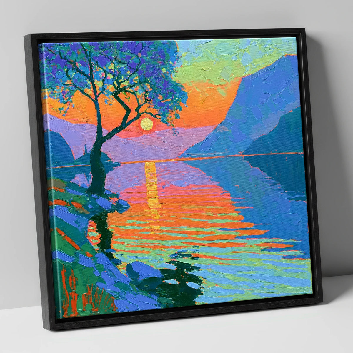 Radiant Sunset Over Lake Water lake district lake canvas wall art in black frame