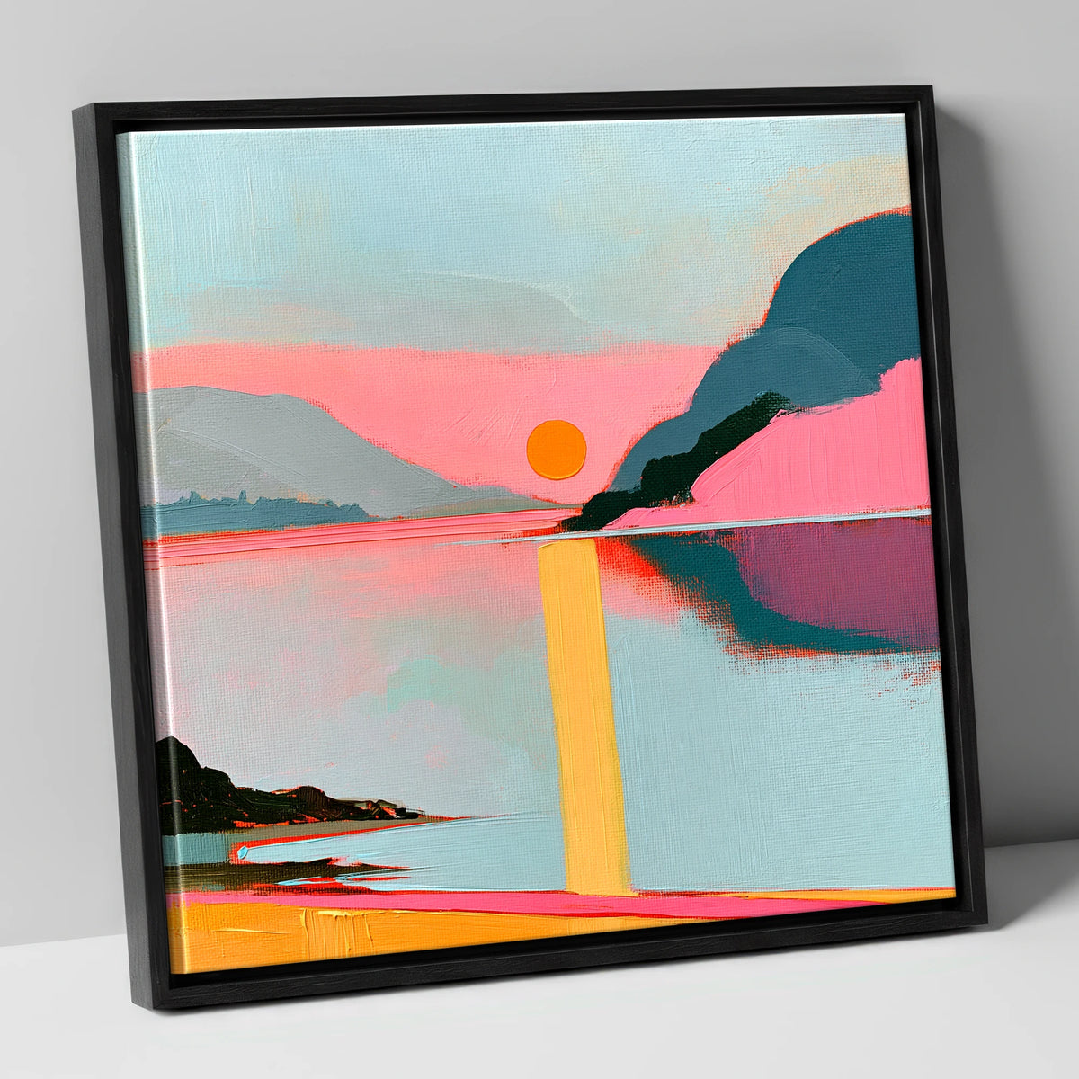 Bold Pink Sunset Over The Lake lake district lake canvas wall art in black frame