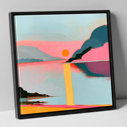 Bold Pink Sunset Over The Lake lake district lake canvas wall art in black frame