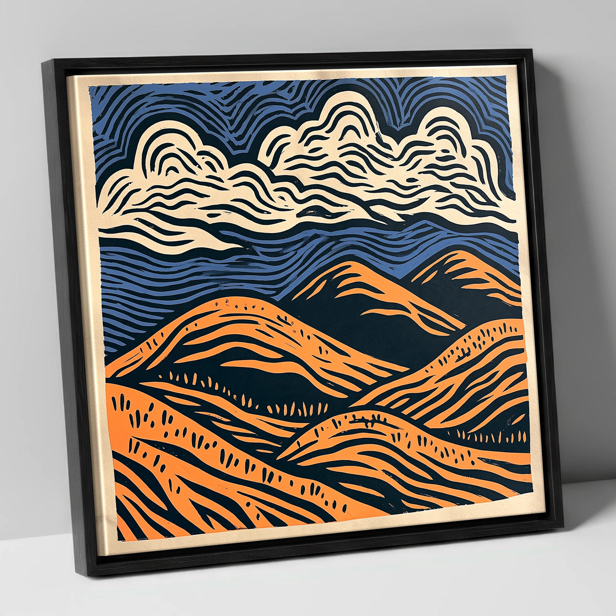 Navy and Orange Rolling Fells lake district fell canvas wall art in black frame