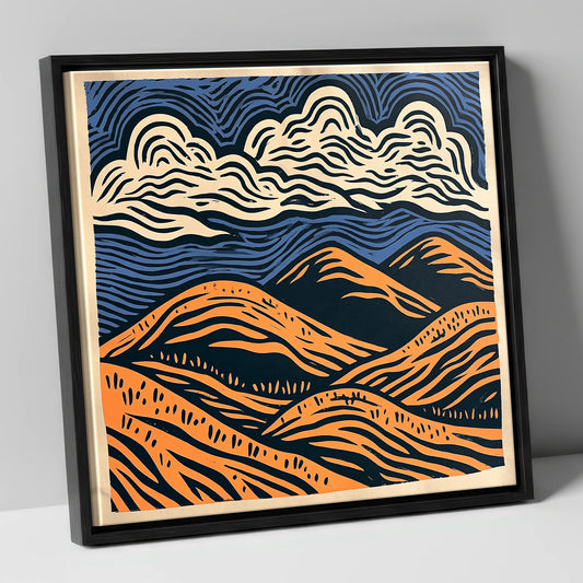 Navy and Orange Rolling Fells lake district fell canvas wall art in black frame