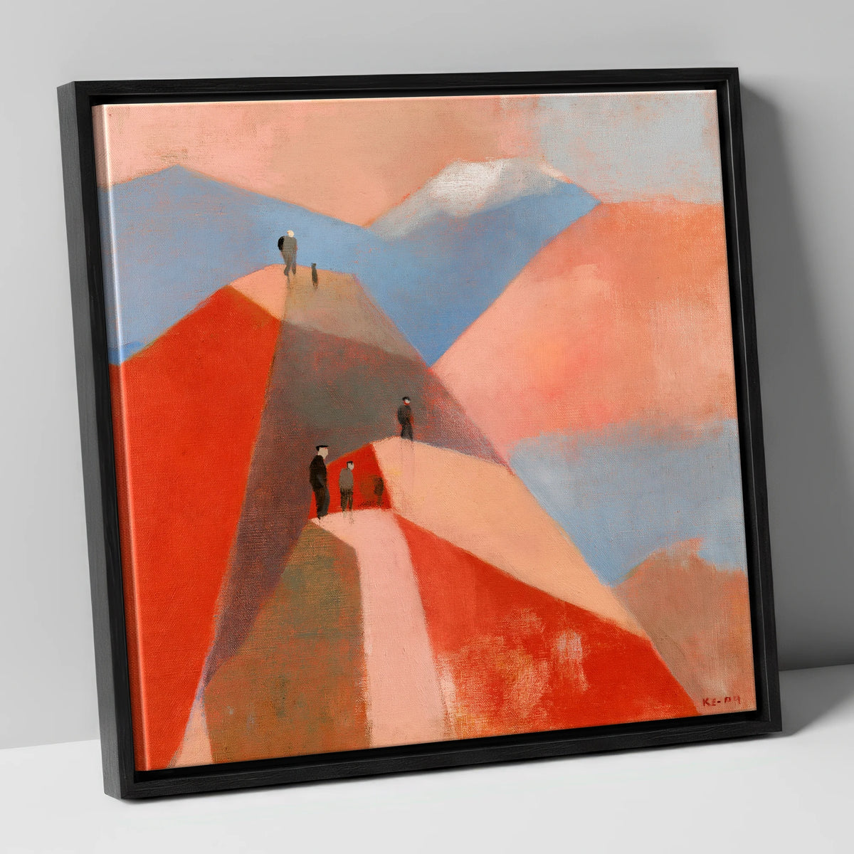 Hikers on Terracotta Fell Top lake district fell canvas wall art in black frame