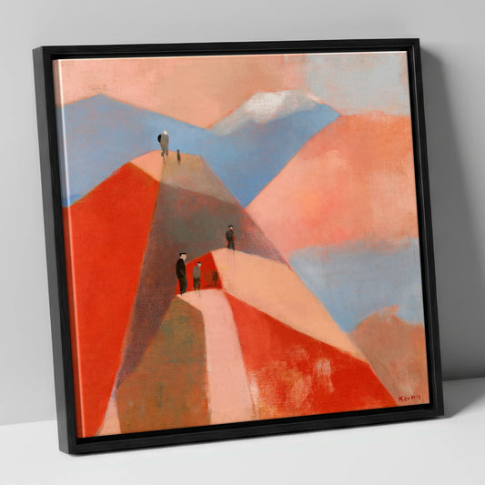 Hikers on Terracotta Fell Top lake district fell canvas wall art in black frame