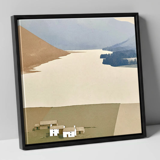 White Farmsteads Above Loweswater lake district lake canvas wall art in black frame