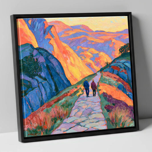 Walkers on an Amber Mountain Path lake district walking canvas wall art in black frame