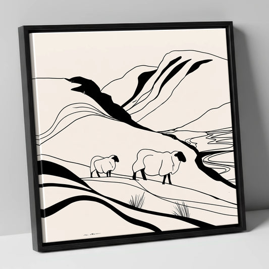Minimalist Herdwick Sheep on Fellside lake district wildlife canvas wall art in black frame