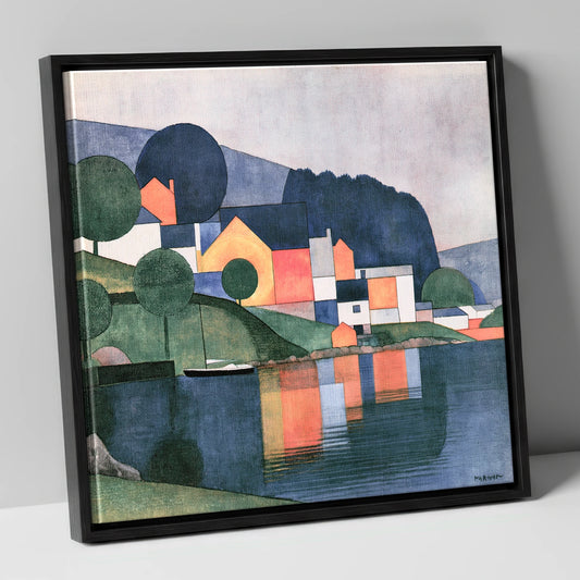 Bold Lakeside Village Reflections lake district village canvas wall art in black frame