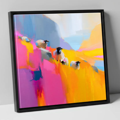 Herdwick Sheep in Fuchsia and Gold lake district wildlife canvas wall art in black frame