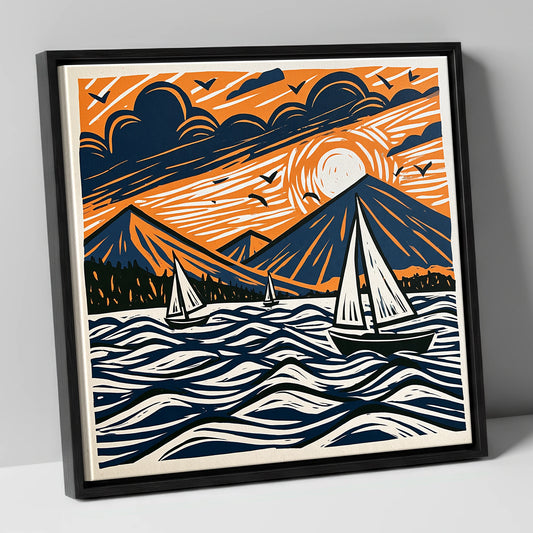 Sunset Sailboats on Derwentwater lake district lake canvas wall art in black frame