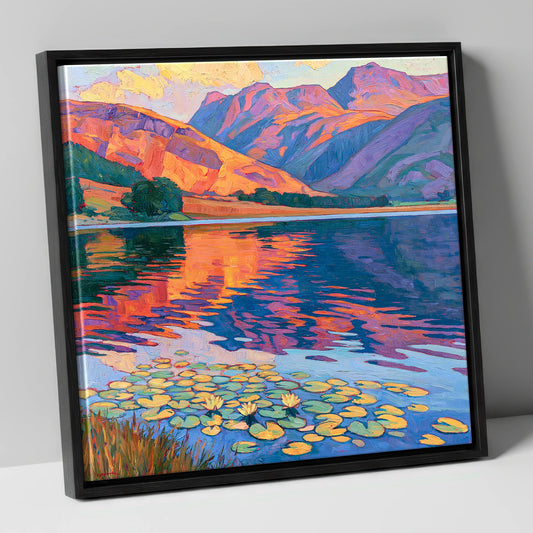 Amber Sunset Over Lily Tarn lake district lake canvas wall art in black frame