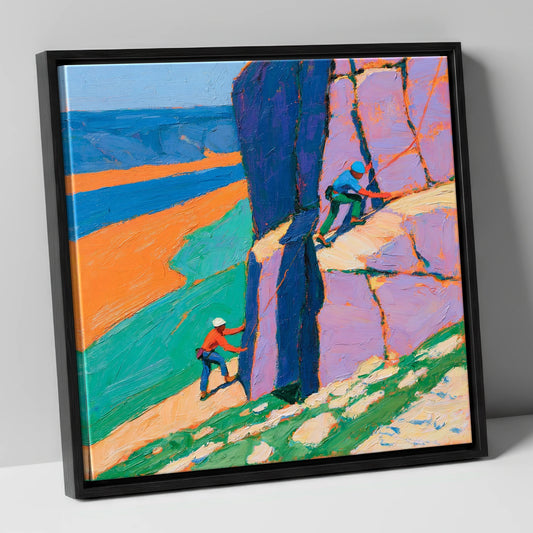 Colourful Rock Climbers on Crag lake district walking canvas wall art in black frame