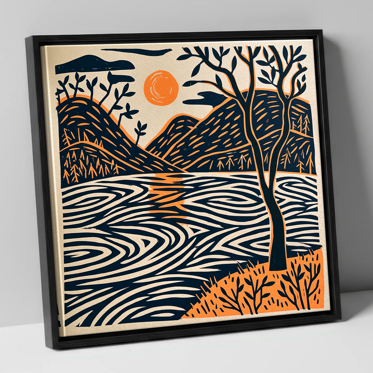 Dawn Lake in Terracotta and Navy lake district lake canvas wall art in black frame