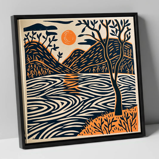 Dawn Lake in Terracotta and Navy lake district lake canvas wall art in black frame