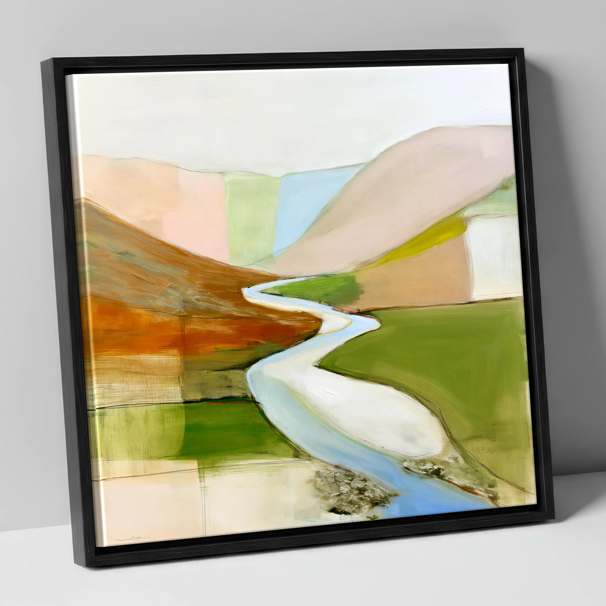 Winding River Through Pastel Fells lake district waterfall canvas wall art in black frame
