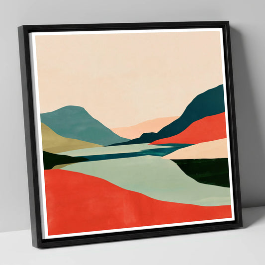 Terracotta Fells and Teal Lake lake district lake canvas wall art in black frame