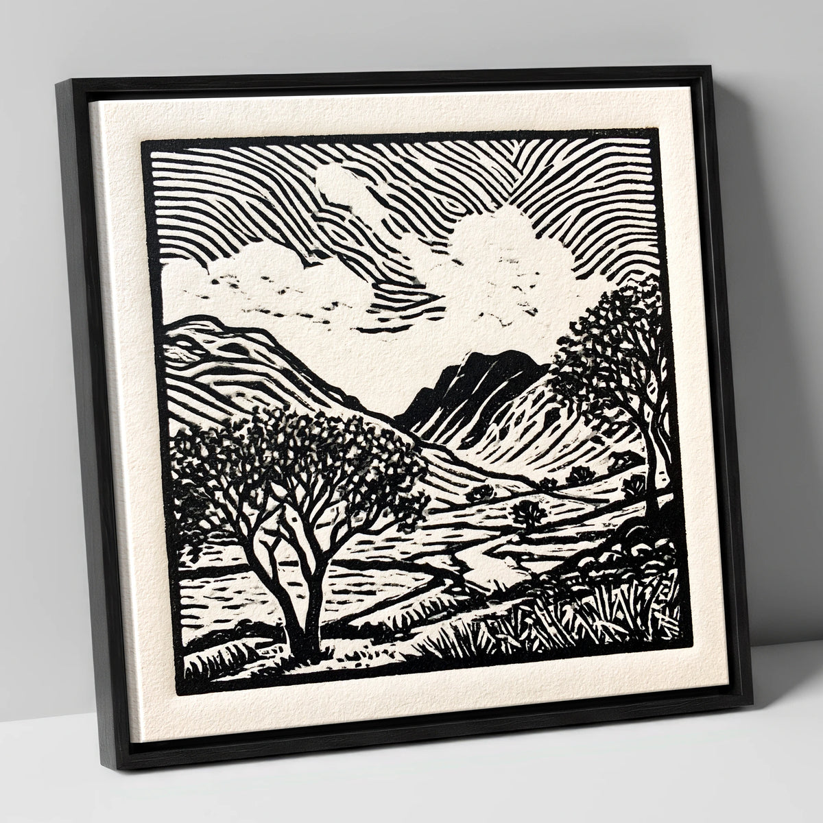 Black and White Eskdale Valley lake district valley canvas wall art in black frame