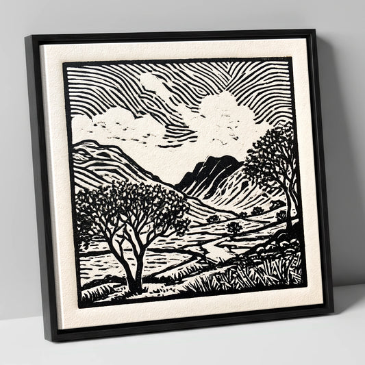 Black and White Eskdale Valley lake district valley canvas wall art in black frame