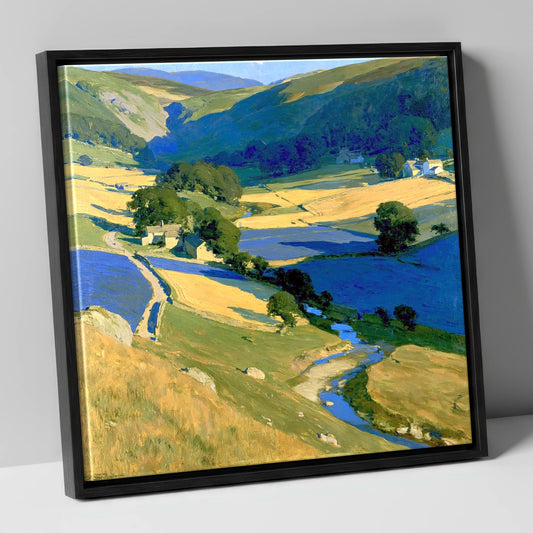 Golden Fields in the Dale lake district valley canvas wall art in black frame