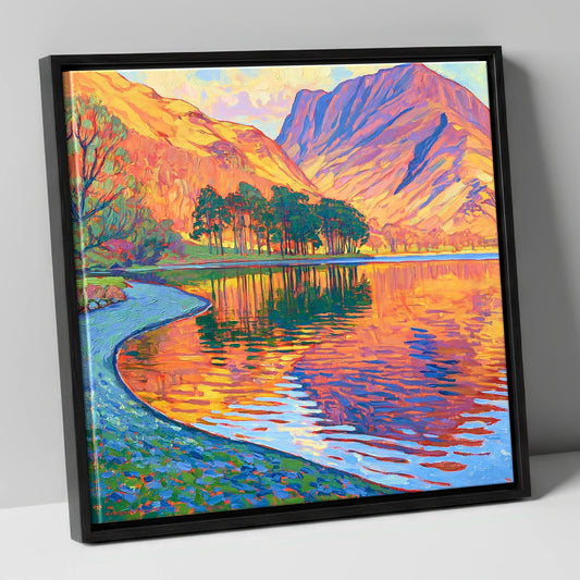 Glowing Buttermere Pebble Shore lake district lake canvas wall art in black frame